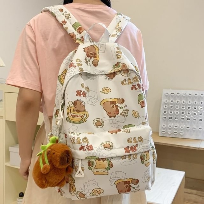 Capybara Print Nylon Backpack|Without Charm – Black|Without Charm – Khaki|Without Charm – Pink|Without Charm – White|One Size