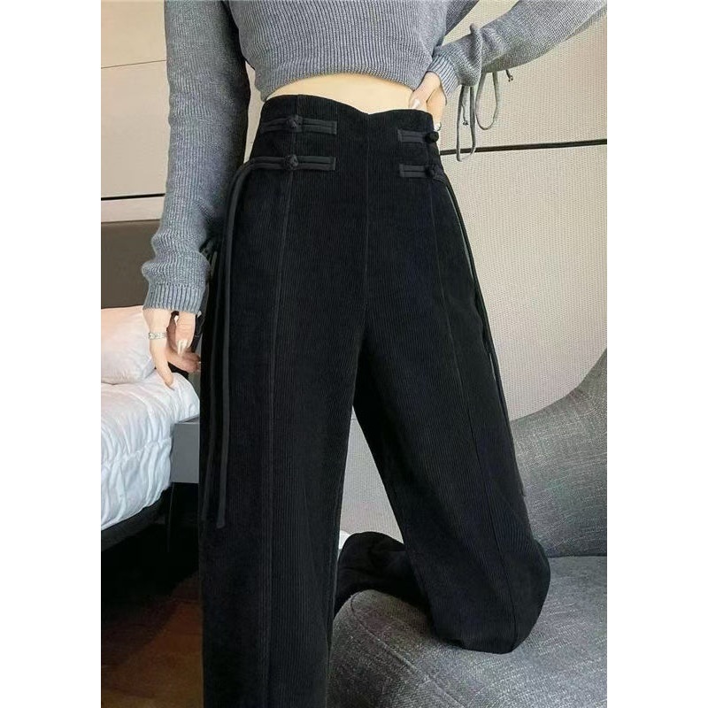 Loose Black Pockets Elastic Waist Corduroy Pants Spring RH038