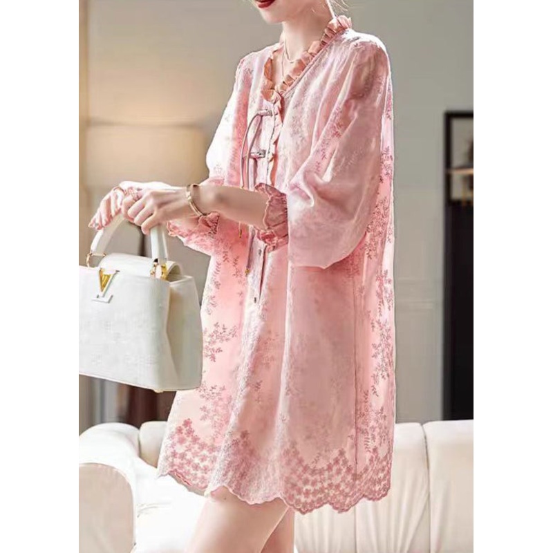 Loose Pink Embroidered Ruffled Button Cotton Shirts Dress Butterfly Sleeve RZ039