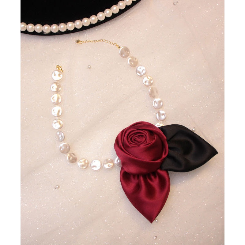 New Red Alloy Pearl Beading Fabric Art Floral Pendant Necklace RG003