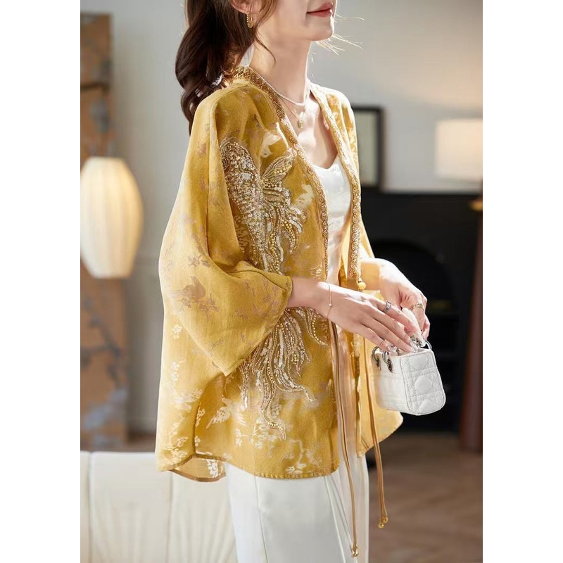 New Yellow V Neck Button Nail Bead Silk Shirt Batwing Sleeve RZ012