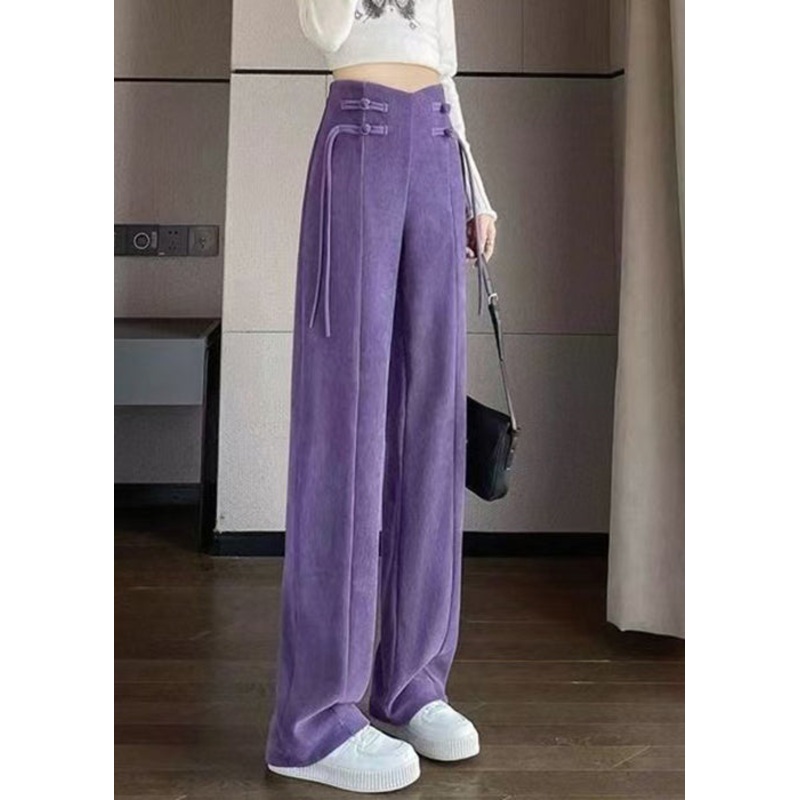 Purple Button Solid Corduroy Pants Elastic Waist Spring RZ011