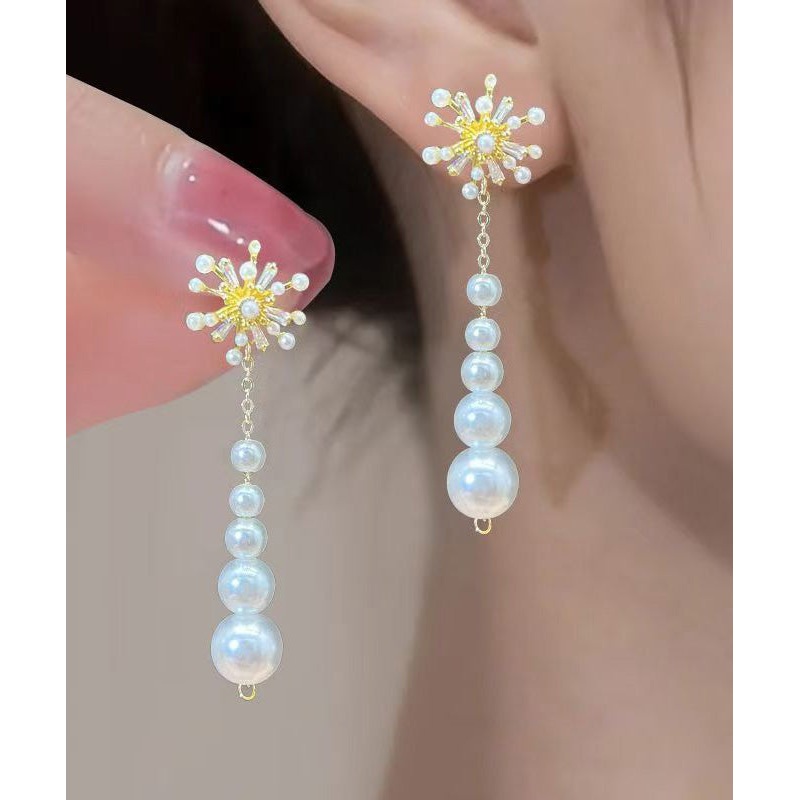 Stylish Gold Alloy Zircon Pearl Fireworks Tassel Drop Earrings RG004