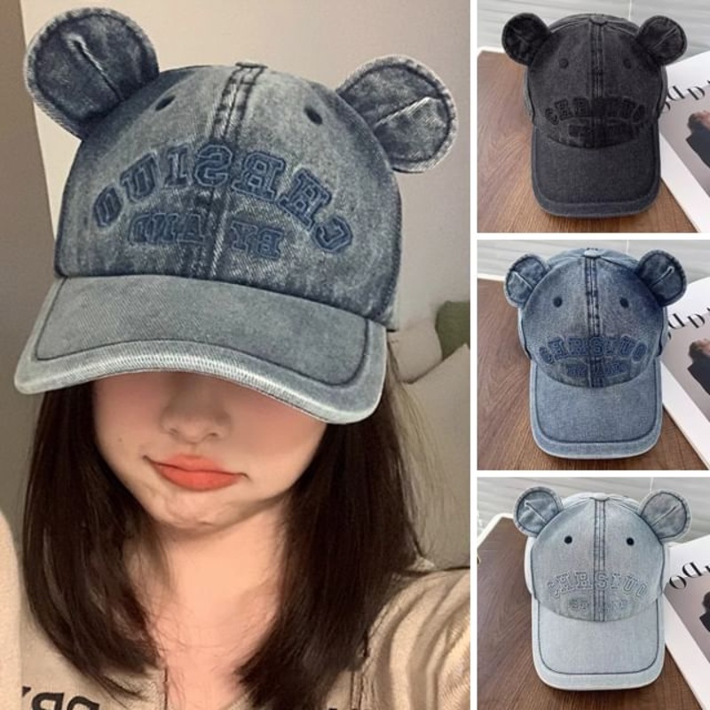 Bear Ear Denim Baseball Cap|Black|Dark Blue|Light Blue|One Size