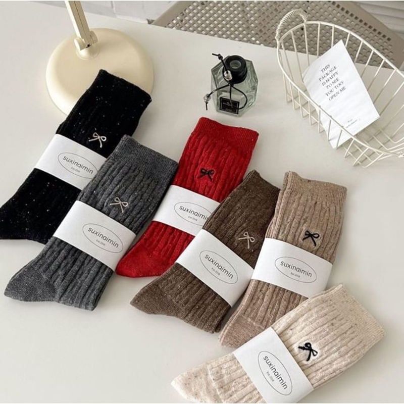 Bow Embroidered Crew Socks|Ancora Red|Black|Coffee|Dark Gray|Khaki|Oatmeal|One Size