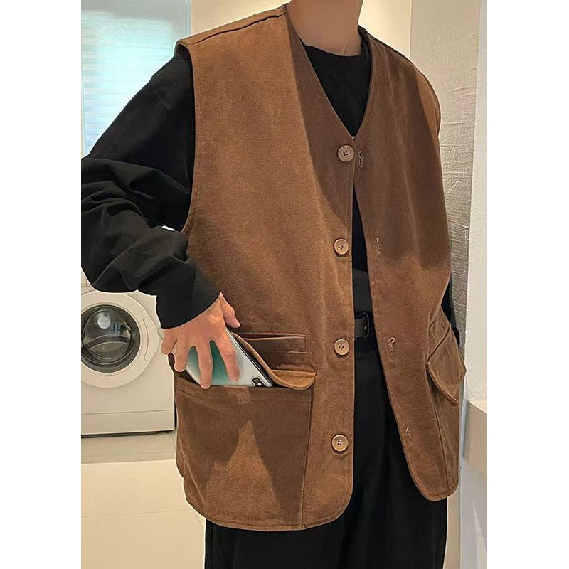 Casual Khaki V Neck Button Pockets Cotton Men Waistcoat Sleeveless RJ034