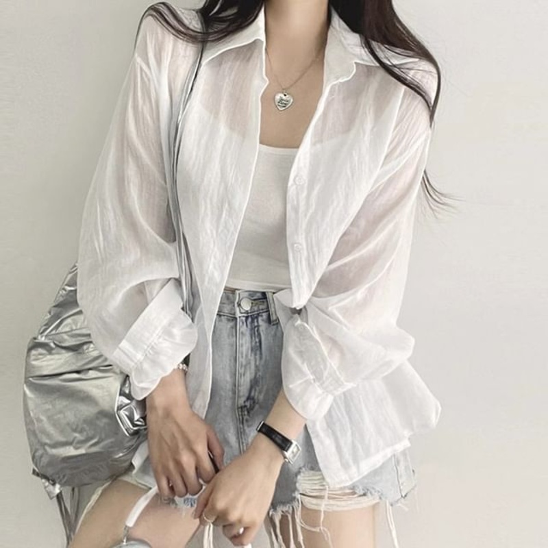 Collared Plain Blouse|White|Yellow|One Size