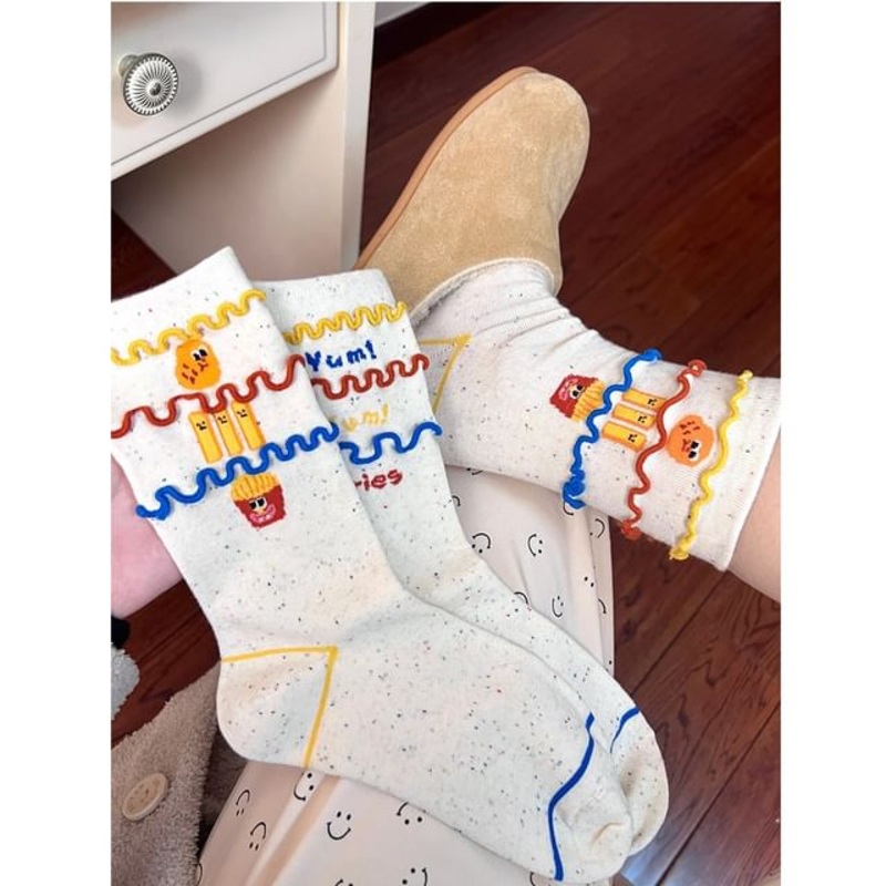 Food Print Socks / Set|1 Pair – Black & Tempura – Off-White|1 Pair – Chicken Leg & Dog – Black|1 Pair – Fries – Black|1 Pair – Fries – White|1 Pair – Stripes – Tangerine & White|2 Pairs – Fries – White & Black|2 Pairs – Stripes & Fries – Tangerine & Black