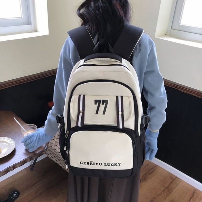 Lettering Nylon Backpack|Black|Dark Blue|Dark Khaki|Green|Purple|One Size