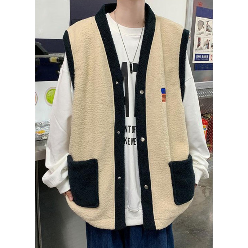 Loose Khaki Button Patchwork Teddy Faux Fur Mens Waistcoat Sleeveless RJ035