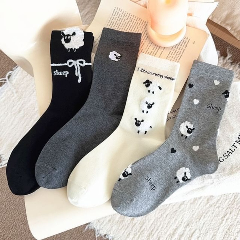 Sheep Patterned Socks|Black|Heart & Sheep – Light Gray|Single Sheep – Dark Gray|White|One Size