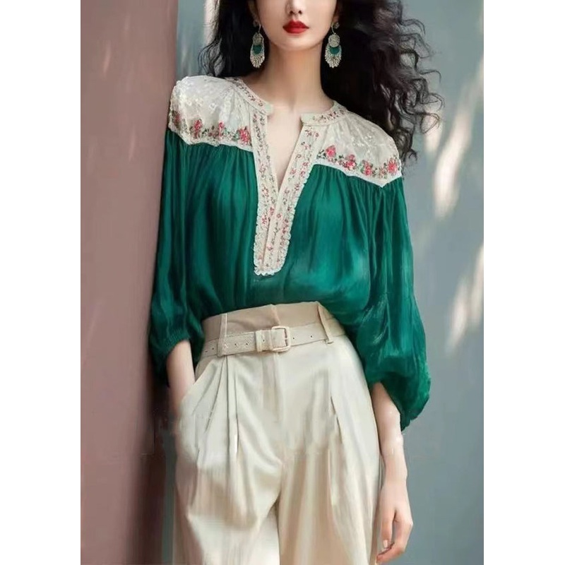 Art Green V Neck Patchwork Cotton Shirt Bracelet Sleeve RK027