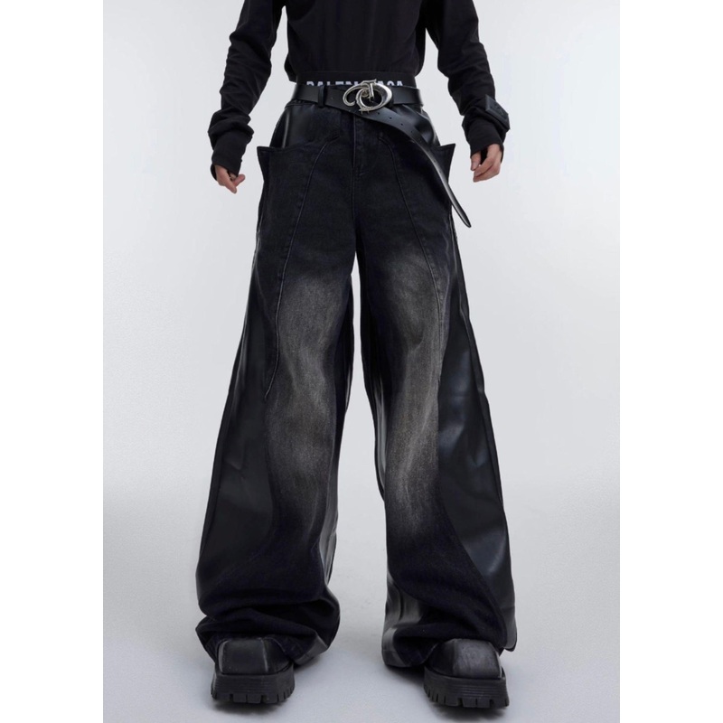 Black Faux Leather Patchwork Fared Trousers High Waist Fall RK029