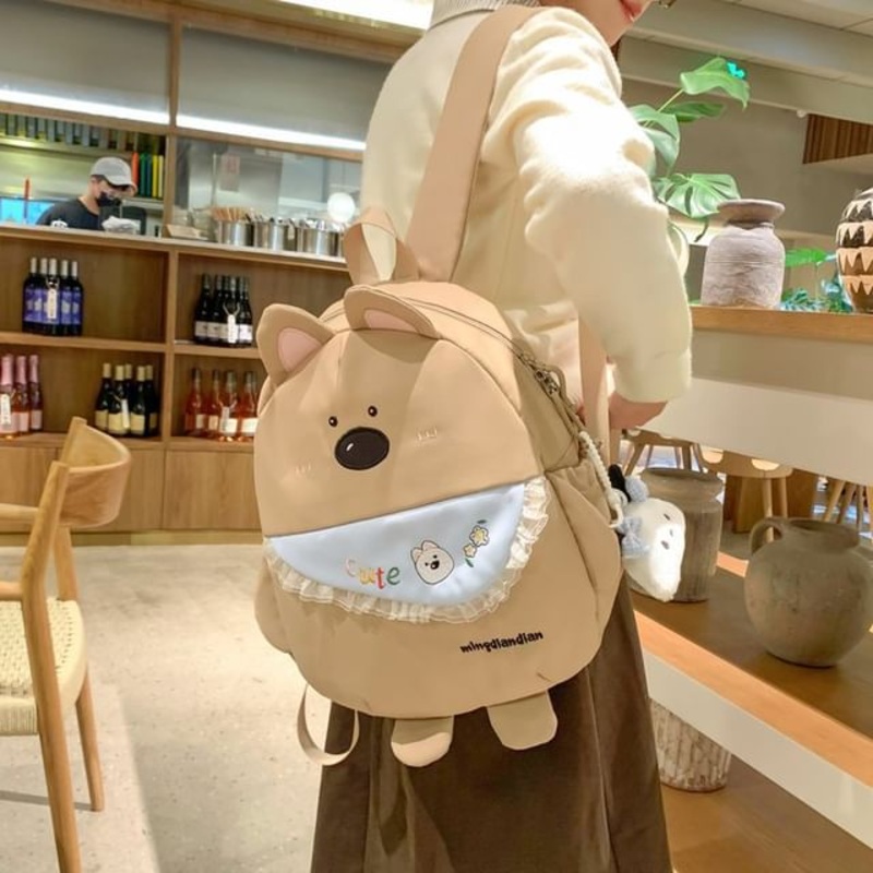 Cartoon Nylon Backpack|With Charm – Khaki|With Charm – White|Without Charm – Khaki|Without Charm – White|M|L