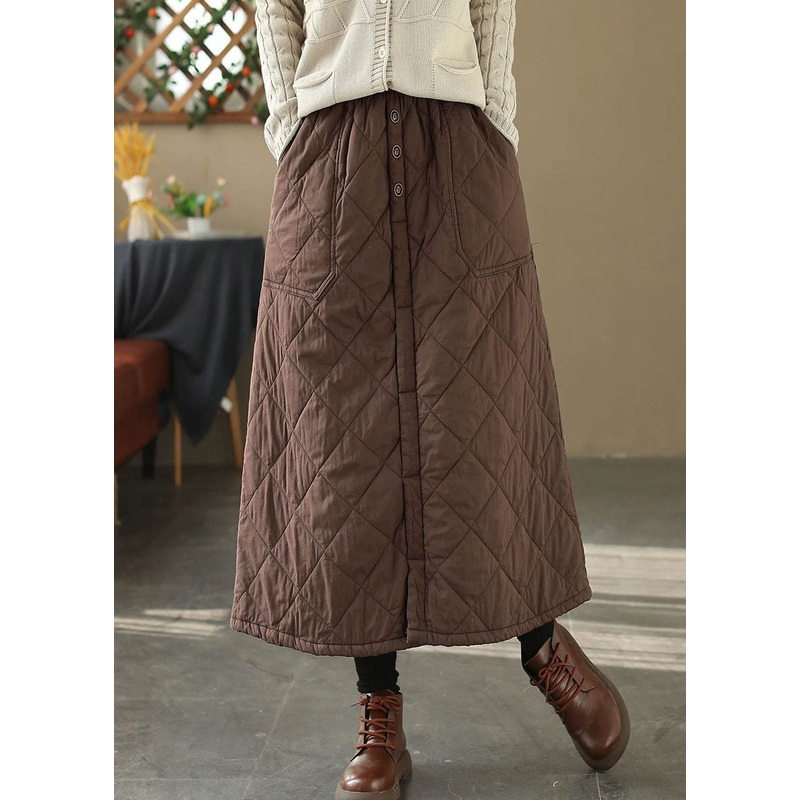 Casual Coffee Pockets Elastic Waist Fine Cotton Filled Skirt Winter RX007