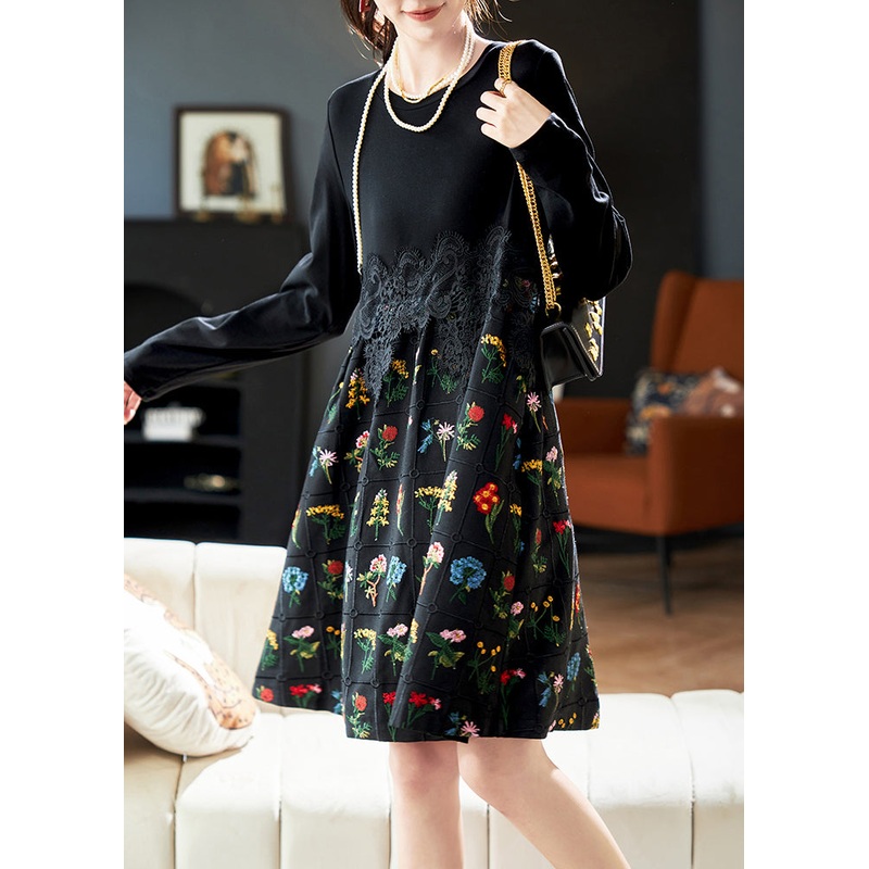 Fashion Black Embroidered Lace Patchwork Cotton Dress Spring RL024