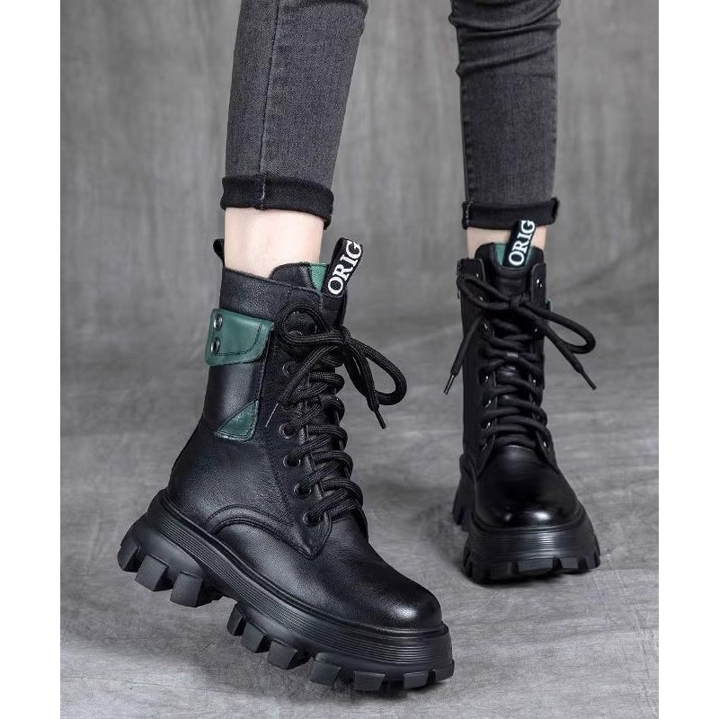 Fashion Splicing Platform Boots Black Cowhide Leather Lace Up RX023