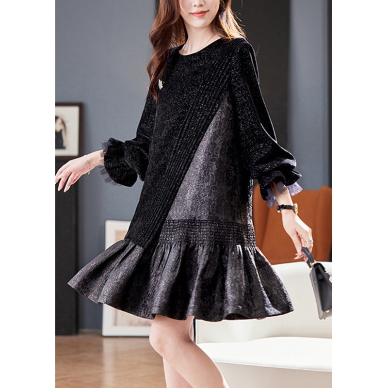 French Black Asymmetrical Patchwork Dresses Butterfly Sleeve RL045