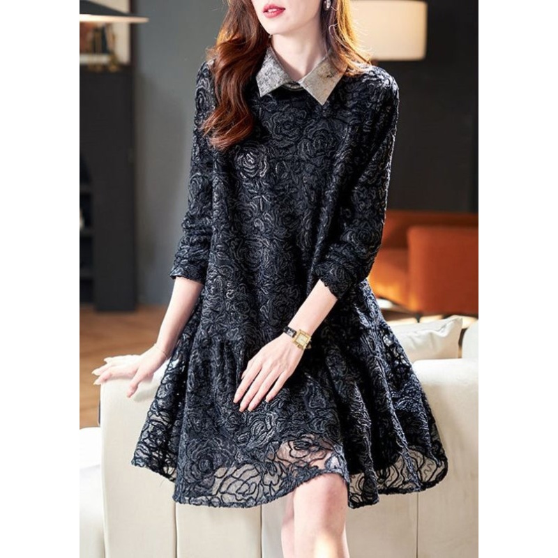 French Black Peter Pan Collar Patchwork Lace Dresses Spring RL003