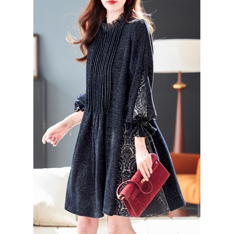French Black Sequins Tulle Patchwork Dresses Butterfly Sleeve RL043