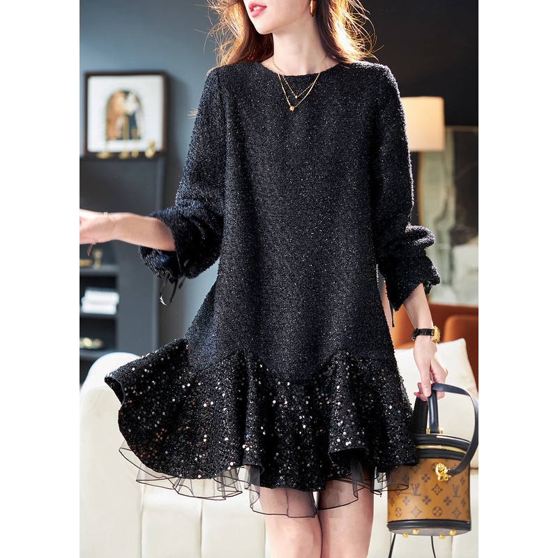 Italian Black O Neck Tulle Sequins Patchwork Dresses Spring RL026
