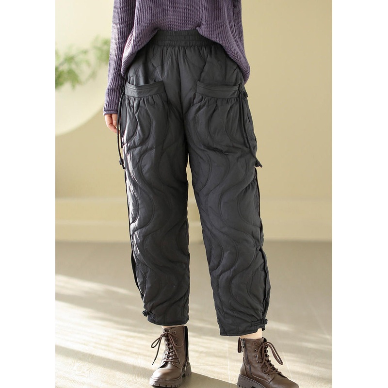 Loose Black Pockets Elastic Waist Thick Warm Pants Winter RK001