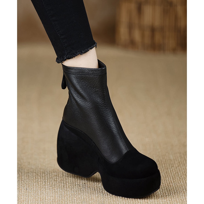 New Black Sheepskin Splicing Zippered Wedge Boots RX013