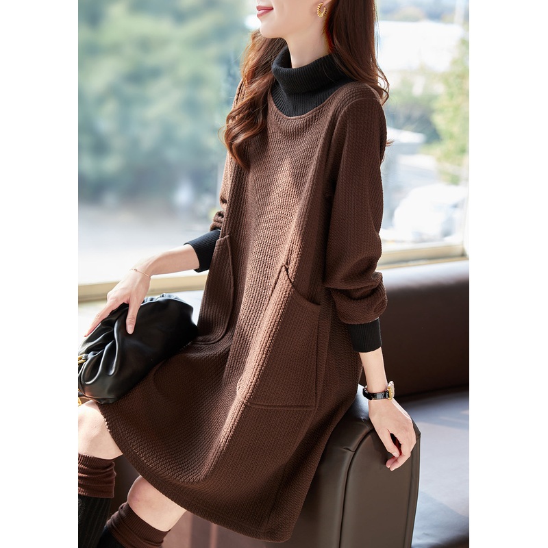 New Coffee Hign Neck Pockets Patchwork Warm Fleece Dresses Winter RL021