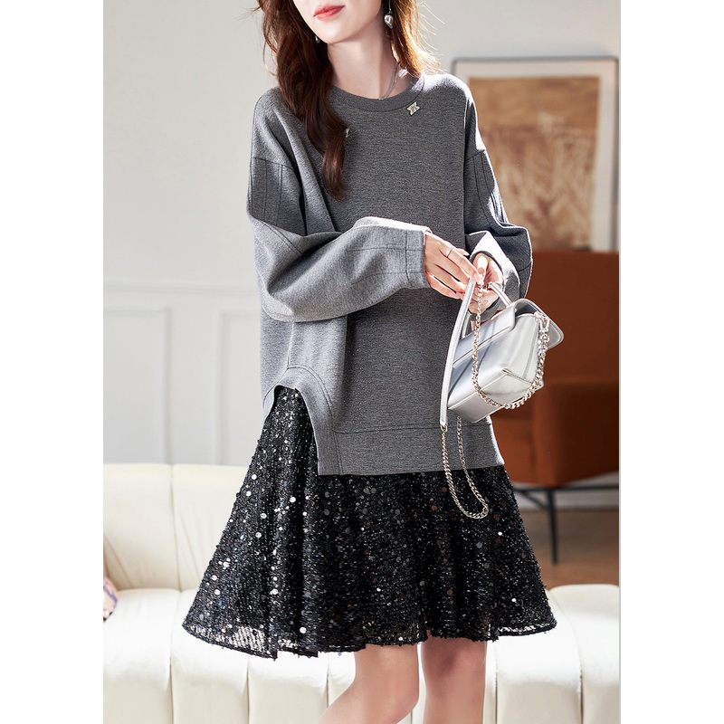 New Grey O Neck Sequins Patchwork Cotton Dress Spring RL025
