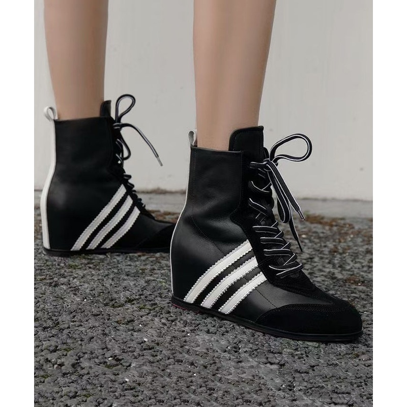 Stylish Black Cowhide Leather Splicing Wedge Boots Cross Strap RX024