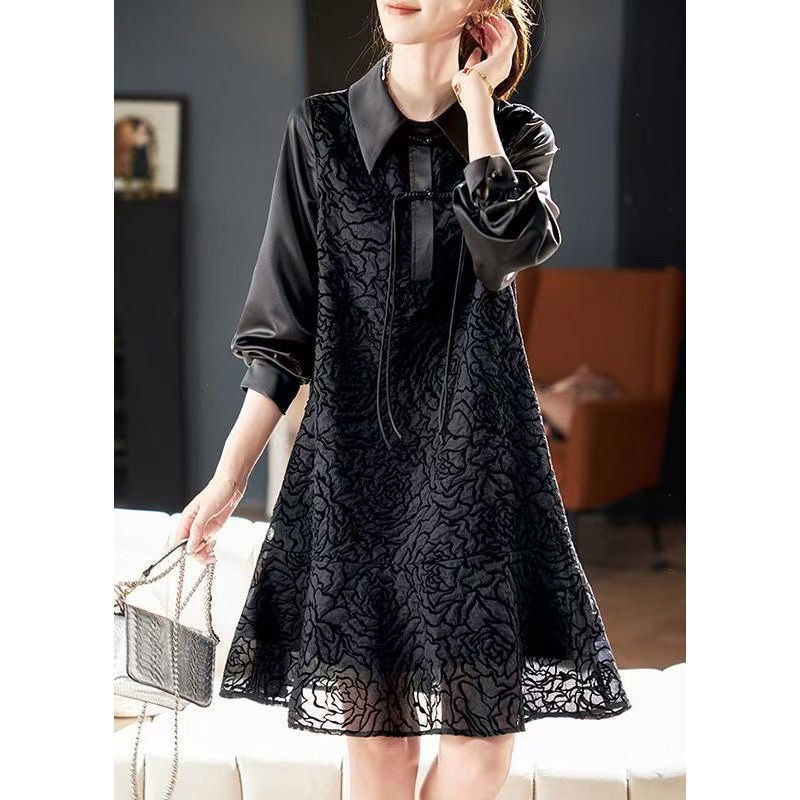 Stylish Black Peter Pan Collar Button Shirts Dress Spring RL040