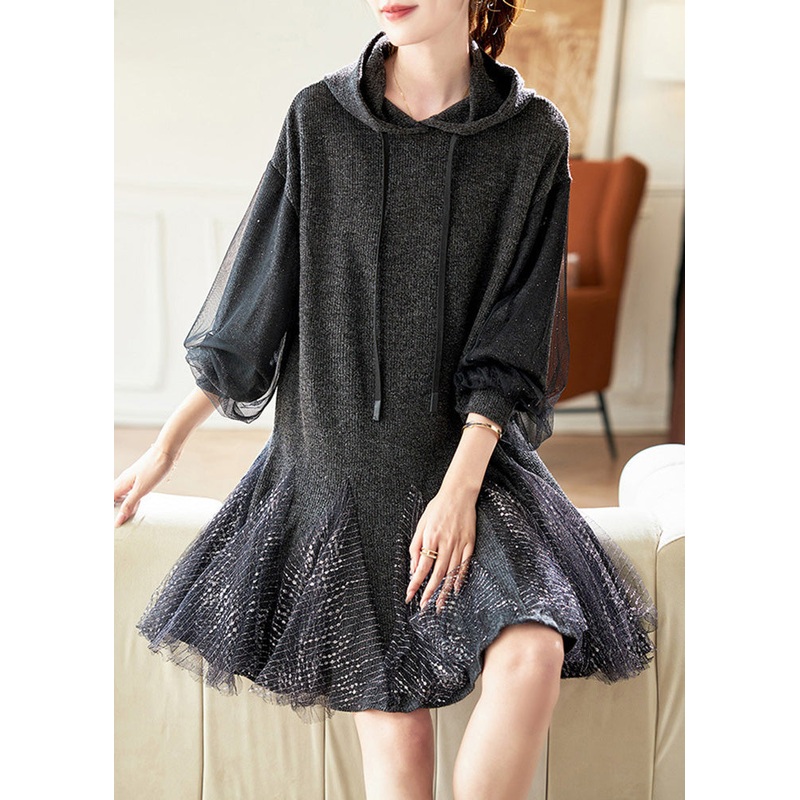 Stylish Dark Grey Hooded Tulle Patchwork Knit Dresses Spring RL023