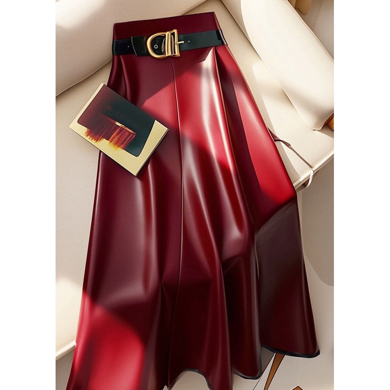 Stylish Red Sashes Solid High Waist Faux Leather Skirts Winter RK019