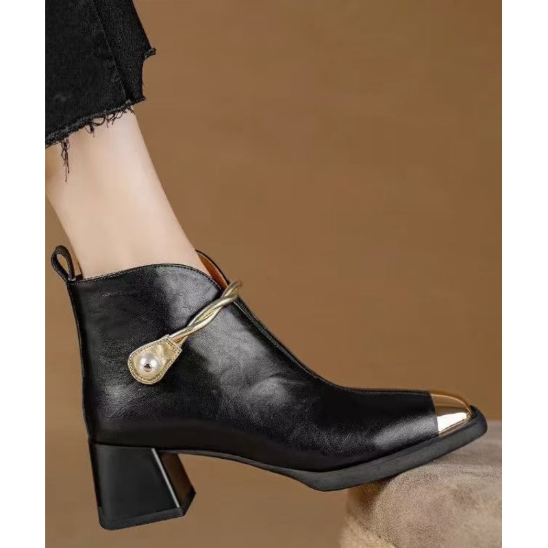 Stylish Splicing Chunky Heel Boots Black Cowhide Leather RX030