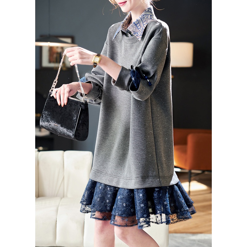 Women Grey Peter Pan Collar Patchwork False Two Pieces Cotton Dress Spring RL022