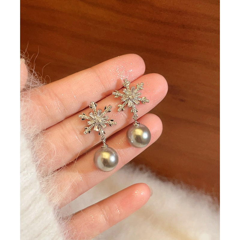 DIY Grey Copper Snowflake Pearl Drop Earrings RB023