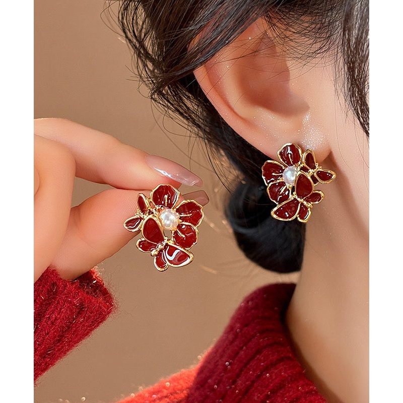 Fashion Red Copper Alloy Butterfly Pearl Stud Earrings RB024