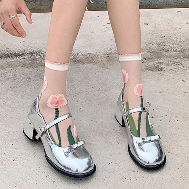 Floral Print Mesh Socks|Flowers Trim – White|Large Tulips – Transparent White|Small Tulips – Transparent White|One Size