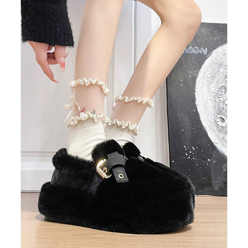 Black Fuzzy Wool Lined Platform Stylish Splicing Flat Shoes TQ048