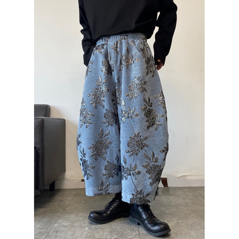 Blue Embroideried Mens Wide Leg Pants Elastic Waist Spring RM027