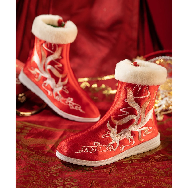 Boho Red Satin Embroidery Splicing Boots Fuzzy Wool Lined TQ052