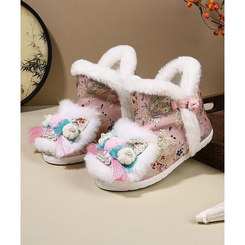 Chinese Style Pink Embroidery Nail Bead Splicing Boots TQ057