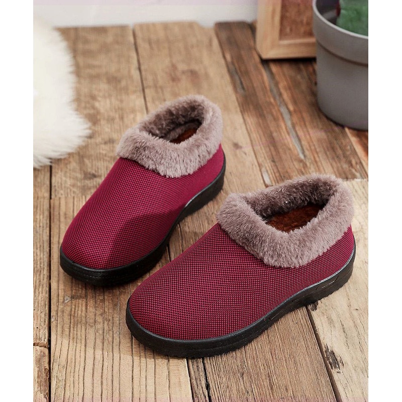 Comfortable Flat Feet Shoes Red Cotton Fabric Fuzzy Wool Lined TQ054