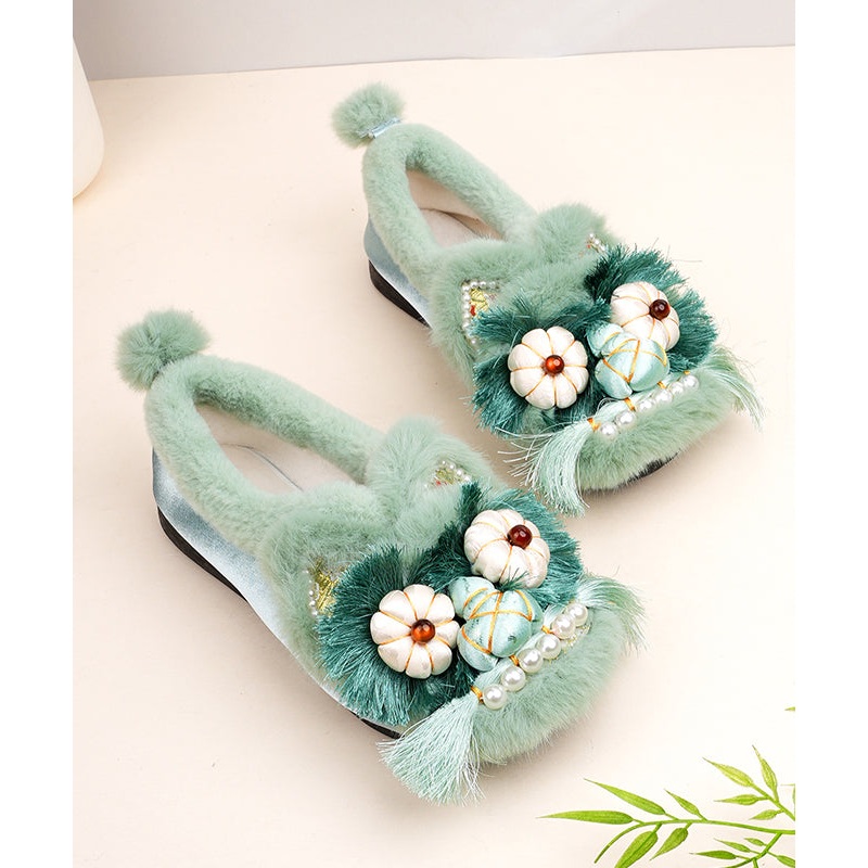 Comfortable Splicing Flat Shoes Green Cotton Fabric Fuzzy Wool Lined TQ040