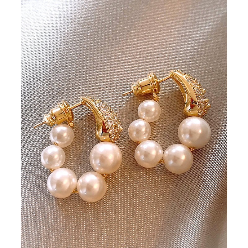 Elegant Gold Copper Alloy Zircon Pearl Hoop Earrings RB013