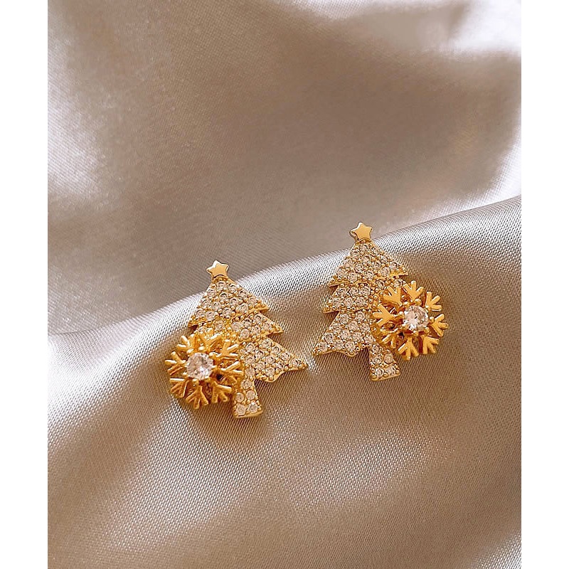 Fine Gold Copper Alloy Zircon Snowflake Christmas Tree Stud Earrings RB018