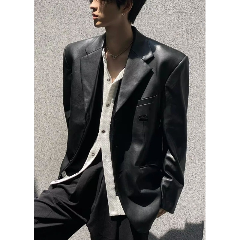 French Black Notched Button Faux Leather Mens Coat Spring RN033