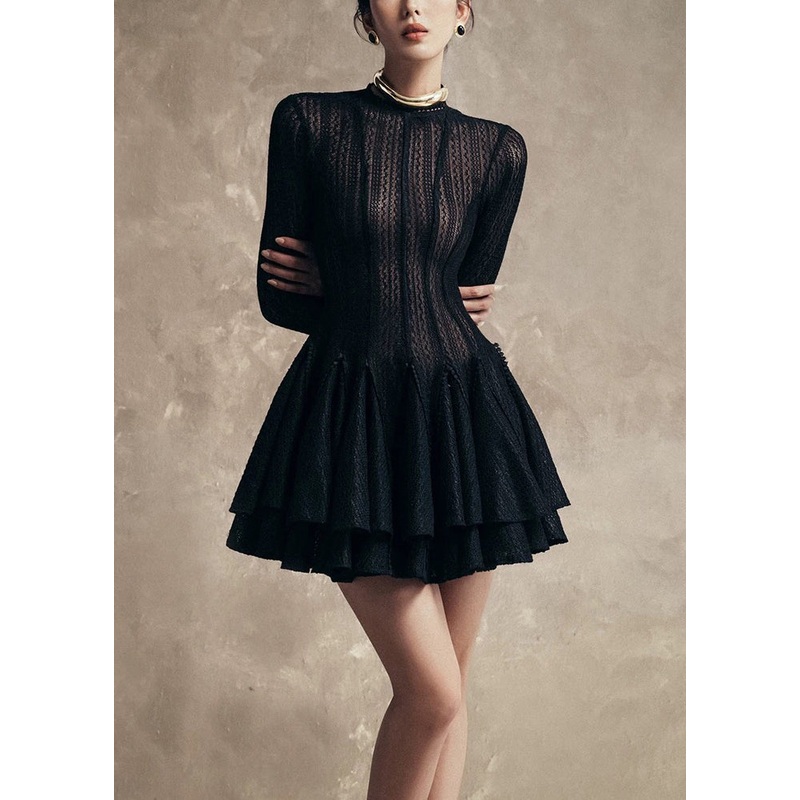 French Slim Fit Black O Neck Wrinkled Lace Mid Dress Spring TY032