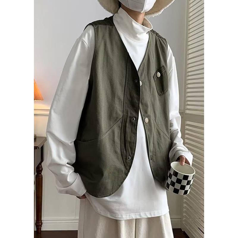 Green Button Patchwork Cotton Mens Waistcoat V Neck Sleeveless RN006