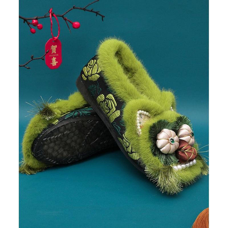 Green Fuzzy Wool Lined Retro Splicing Flat Shoes Embroidery TQ042